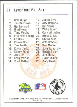1991 Classic Best Lynchburg Red Sox #29 Checklist Back