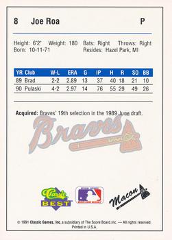 1991 Classic Best Macon Braves #8 Joe Roa Back