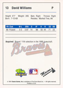 1991 Classic Best Macon Braves #13 David Williams Back