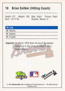 1991 Classic Best Macon Braves #18 Brian Snitker Back