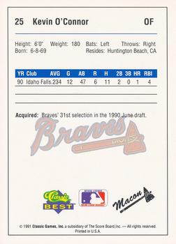 1991 Classic Best Macon Braves #25 Kevin O'Connor Back