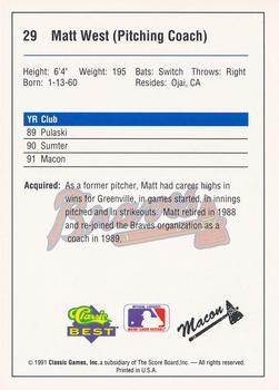 1991 Classic Best Macon Braves #29 Matt West Back