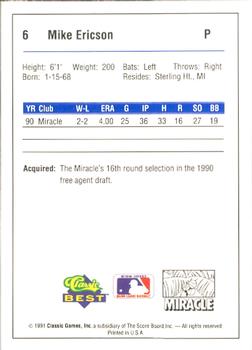 1991 Classic Best Miami Miracle #6 Mike Ericson Back