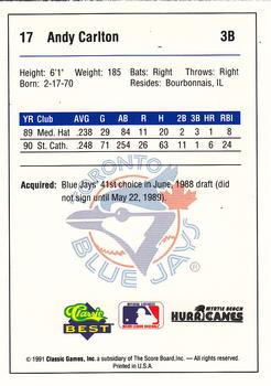 1991 Classic Best Myrtle Beach Hurricanes #17 Andy Carlton Back