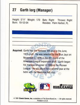 1991 Classic Best Myrtle Beach Hurricanes #27 Garth Iorg Back