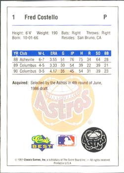 1991 Classic Best Osceola Astros #1 Fred Costello Back