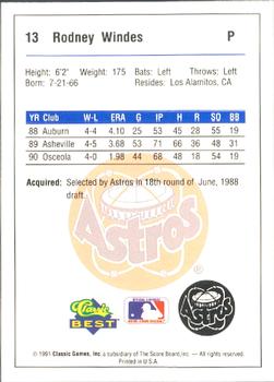 1991 Classic Best Osceola Astros #13 Rodney Windes Back