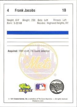 1991 Classic Best Pittsfield Mets #4 Frank Jacobs Back