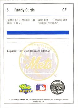 1991 Classic Best Pittsfield Mets #6 Randy Curtis Back