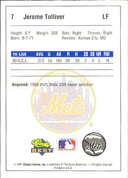 1991 Classic Best Pittsfield Mets #7 Jerome Tolliver Back