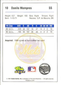 1991 Classic Best Pittsfield Mets #10 Danilo Mompres Back