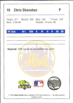 1991 Classic Best Pittsfield Mets #16 Chris Shanahan Back