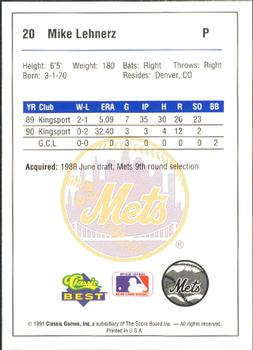 1991 Classic Best Pittsfield Mets #20 Mike Lehnerz Back