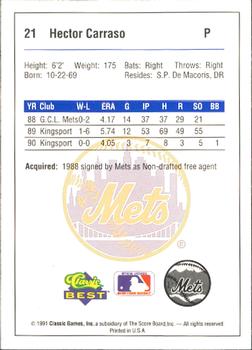 1991 Classic Best Pittsfield Mets #21 Hector Carrasco Back