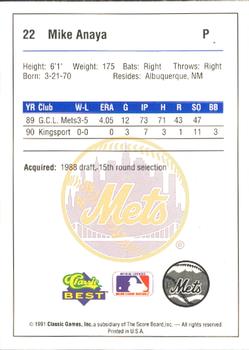 1991 Classic Best Pittsfield Mets #22 Mike Anaya Back