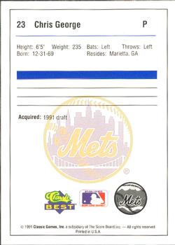 1991 Classic Best Pittsfield Mets #23 Chris George Back