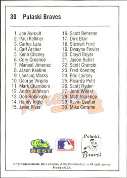 1991 Classic Best Pulaski Braves #30 Mike Cerame Back