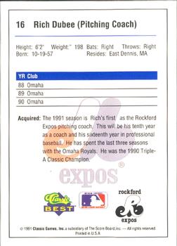 1991 Classic Best Rockford Expos #16 Rich Dubee Back