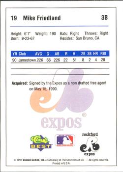 1991 Classic Best Rockford Expos #19 Mike Friedland Back