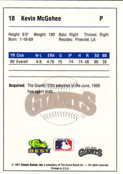 1991 Classic Best San Jose Giants #18 Kevin McGehee Back