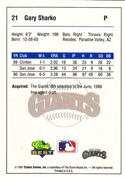1991 Classic Best San Jose Giants #21 Gary Sharko Back