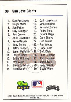 1991 Classic Best San Jose Giants #30 Scott Wilson Back