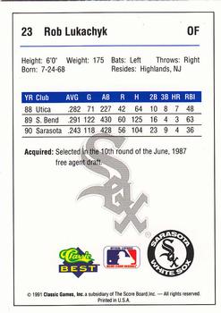 1991 Classic Best Sarasota White Sox #23 Rob Lukachyk Back