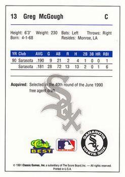 1991 Classic Best Sarasota White Sox #13 Greg McGough Back