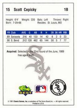1991 Classic Best Sarasota White Sox #15 Scott Cepicky Back