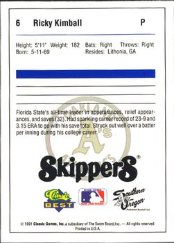 1991 Classic Best Southern Oregon A's #6 Ricky Kimball Back
