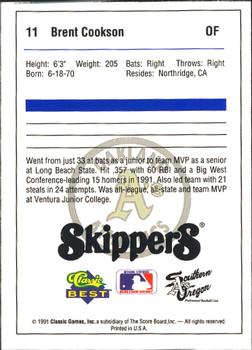 1991 Classic Best Southern Oregon A's #11 Brent Cookson Back