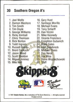 1991 Classic Best Southern Oregon A's #30 Checklist Back