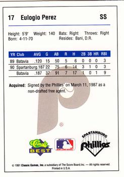 1991 Classic Best Spartanburg Phillies #17 Eulogio Perez Back
