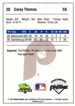 1991 Classic Best Spartanburg Phillies #20 Corey Thomas Back
