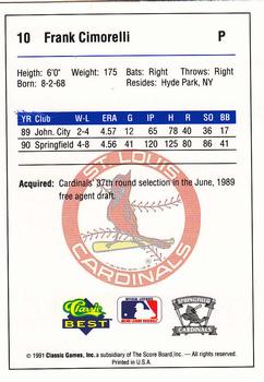 1991 Classic Best Springfield Cardinals #10 Frank Cimorelli Back
