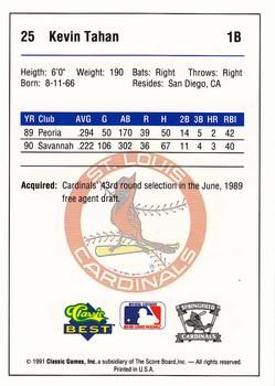 1991 Classic Best Springfield Cardinals #25 Kevin Tahan Back