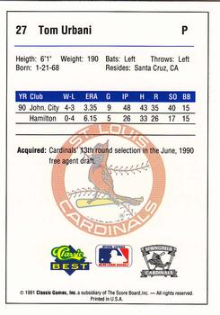 1991 Classic Best Springfield Cardinals #27 Tom Urbani Back
