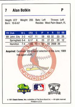1991 Classic Best Springfield Cardinals #7 Alan Botkin Back