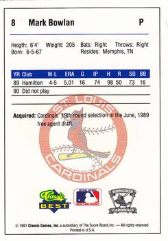 1991 Classic Best Springfield Cardinals #8 Mark Bowlan Back