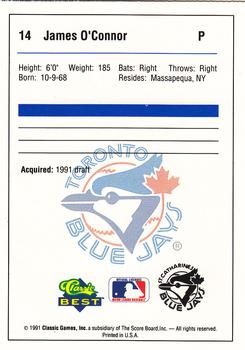 1991 Classic Best St. Catharines Blue Jays #14 James O'Connor Back