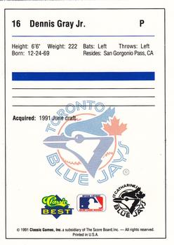 1991 Classic Best St. Catharines Blue Jays #16 Dennis Gray  Back