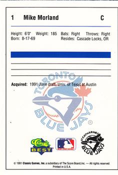 1991 Classic Best St. Catharines Blue Jays #1 Mike Morland Back