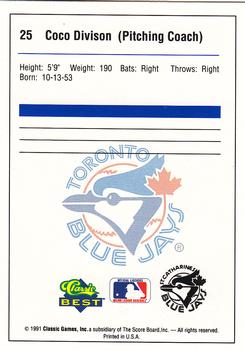 1991 Classic Best St. Catharines Blue Jays #25 Coco Divison Back