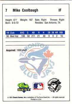 1991 Classic Best St. Catharines Blue Jays #7 Mike Coolbaugh Back