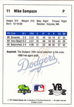 1991 Classic Best Vero Beach Dodgers #11 Mike Sampson Back