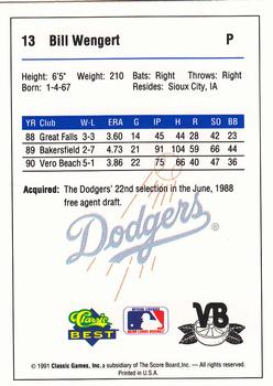 1991 Classic Best Vero Beach Dodgers #13 Bill Wengert Back