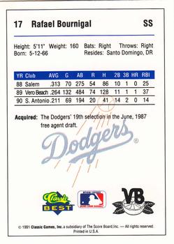 1991 Classic Best Vero Beach Dodgers #17 Rafael Bournigal Back