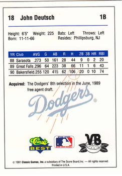 1991 Classic Best Vero Beach Dodgers #18 John Deutsch Back