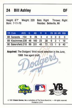 1991 Classic Best Vero Beach Dodgers #24 Bill Ashley Back