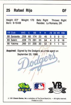 1991 Classic Best Vero Beach Dodgers #25 Rafael Rijo Back